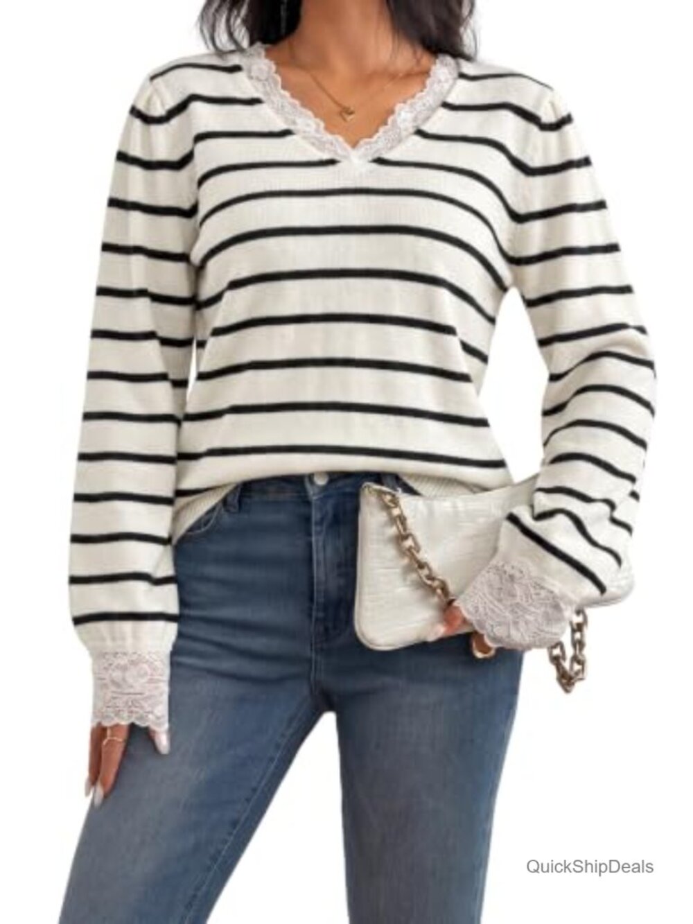Lace Trim V Neck Knit Sweater Long Sleeve Elegant Pullover Top